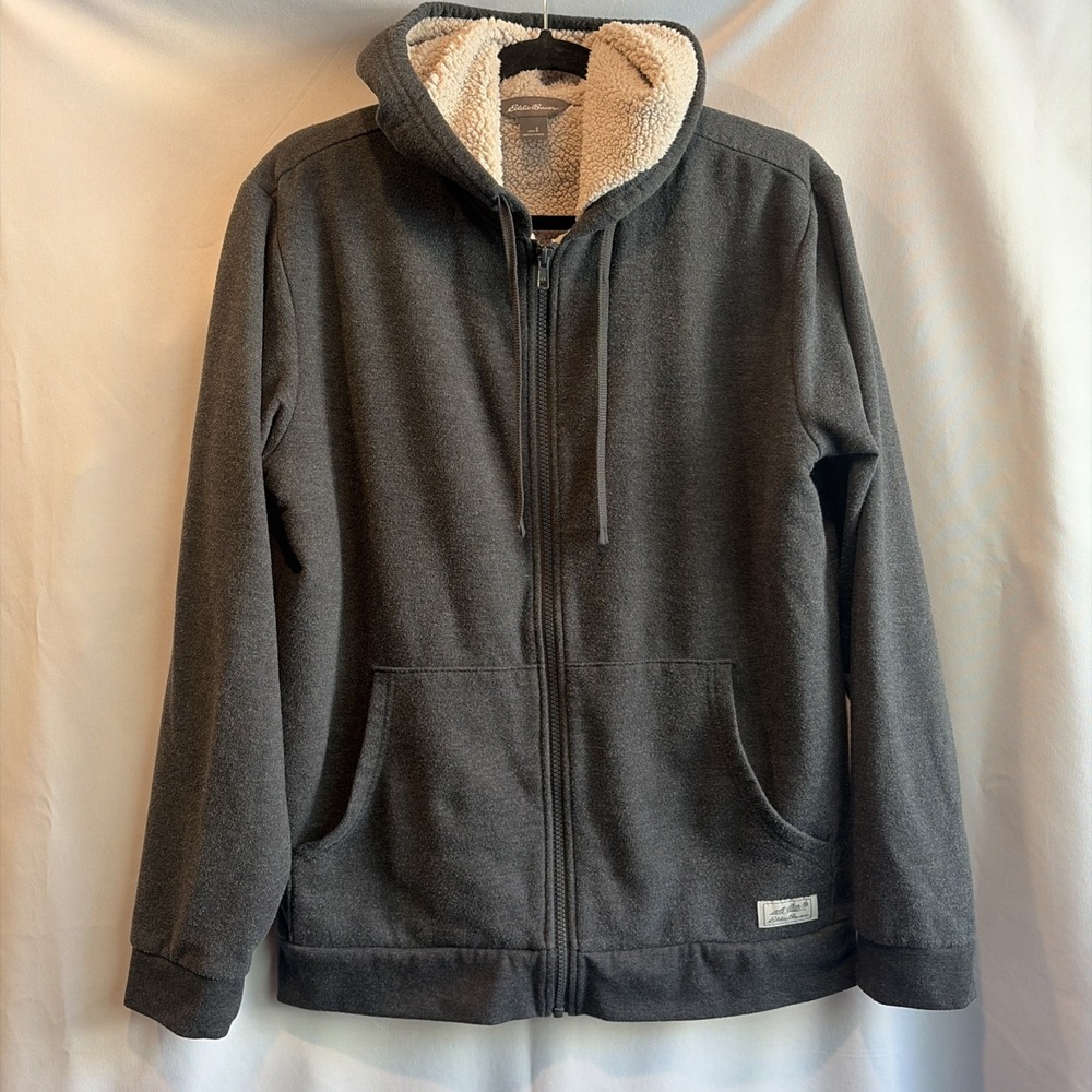 Eddie Bauer Men's S Sherpa Lined Full Zip Hoodie Jacket Charcoal Gray Pockets